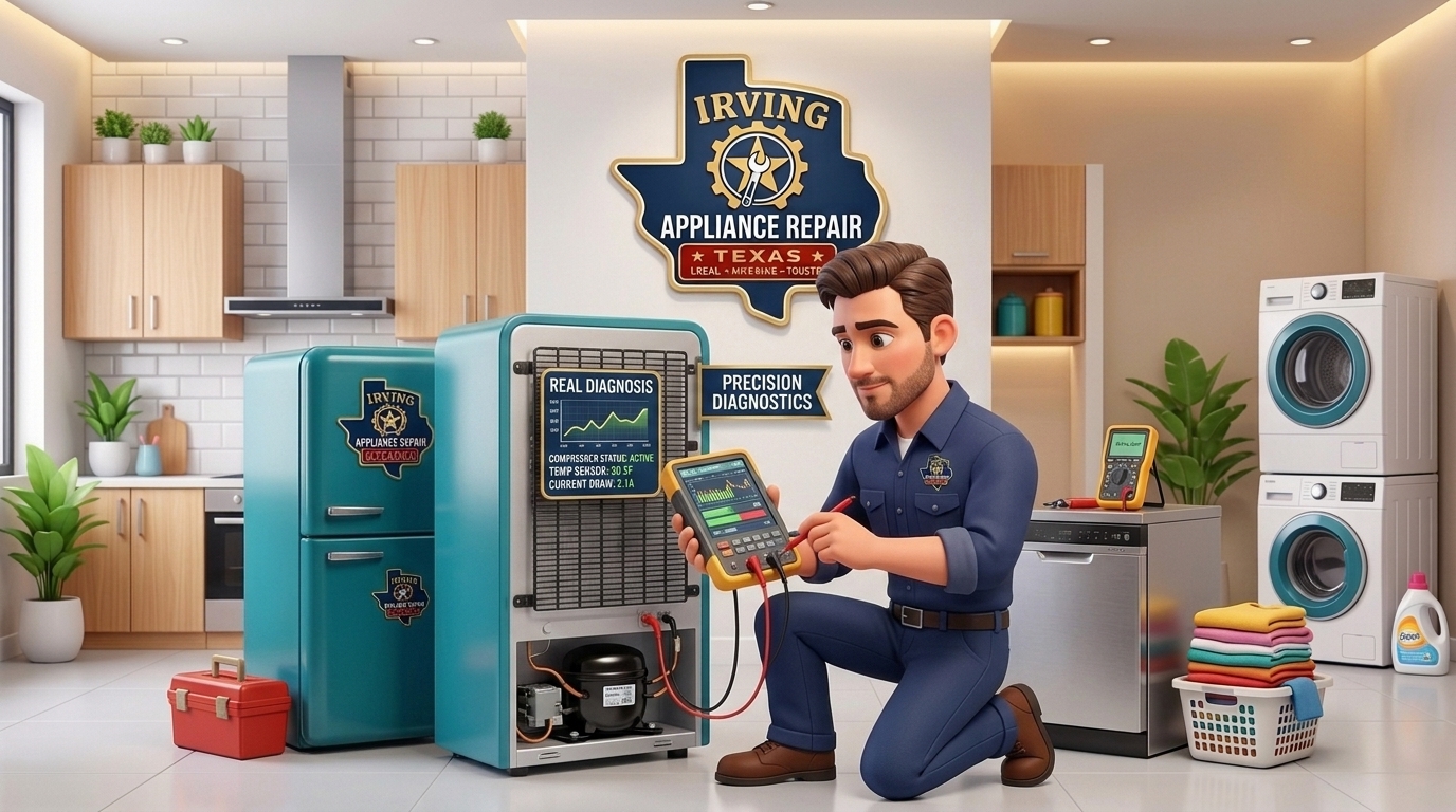 Technician diagnosing appliance in Irving TX home