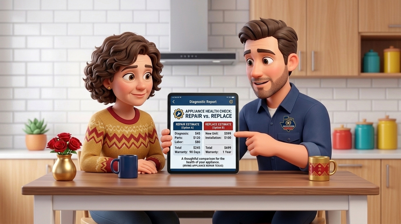 Technician explaining repair versus replacement cost estimate to Irving homeowner