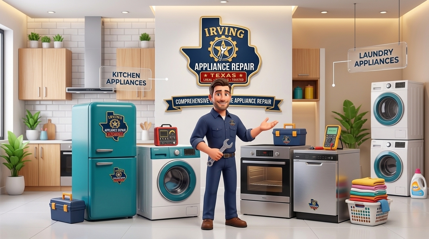 Technician with overview of major appliances serviced in Irving Texas