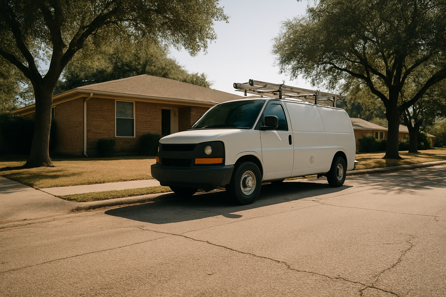 A service van arriving at a typical North Texas brick home conveys prompt same-day dispatch and local presence without d