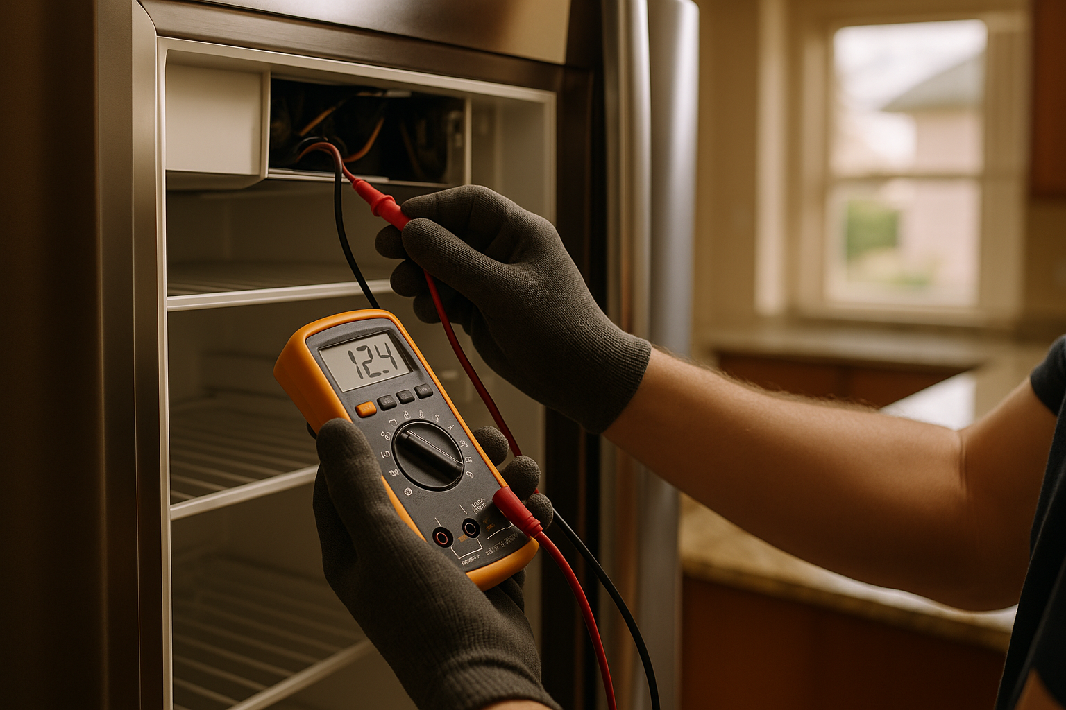 A hands-on refrigerator diagnosis scene directly illustrates the full-spectrum kitchen appliance repair services describ